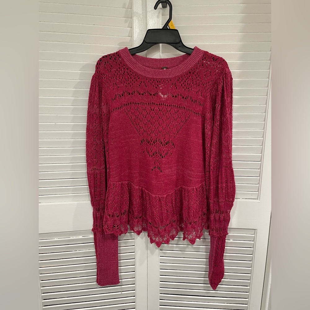 NWT Free People Sangria Wine Openwork Knit Top size M current on revolve $118